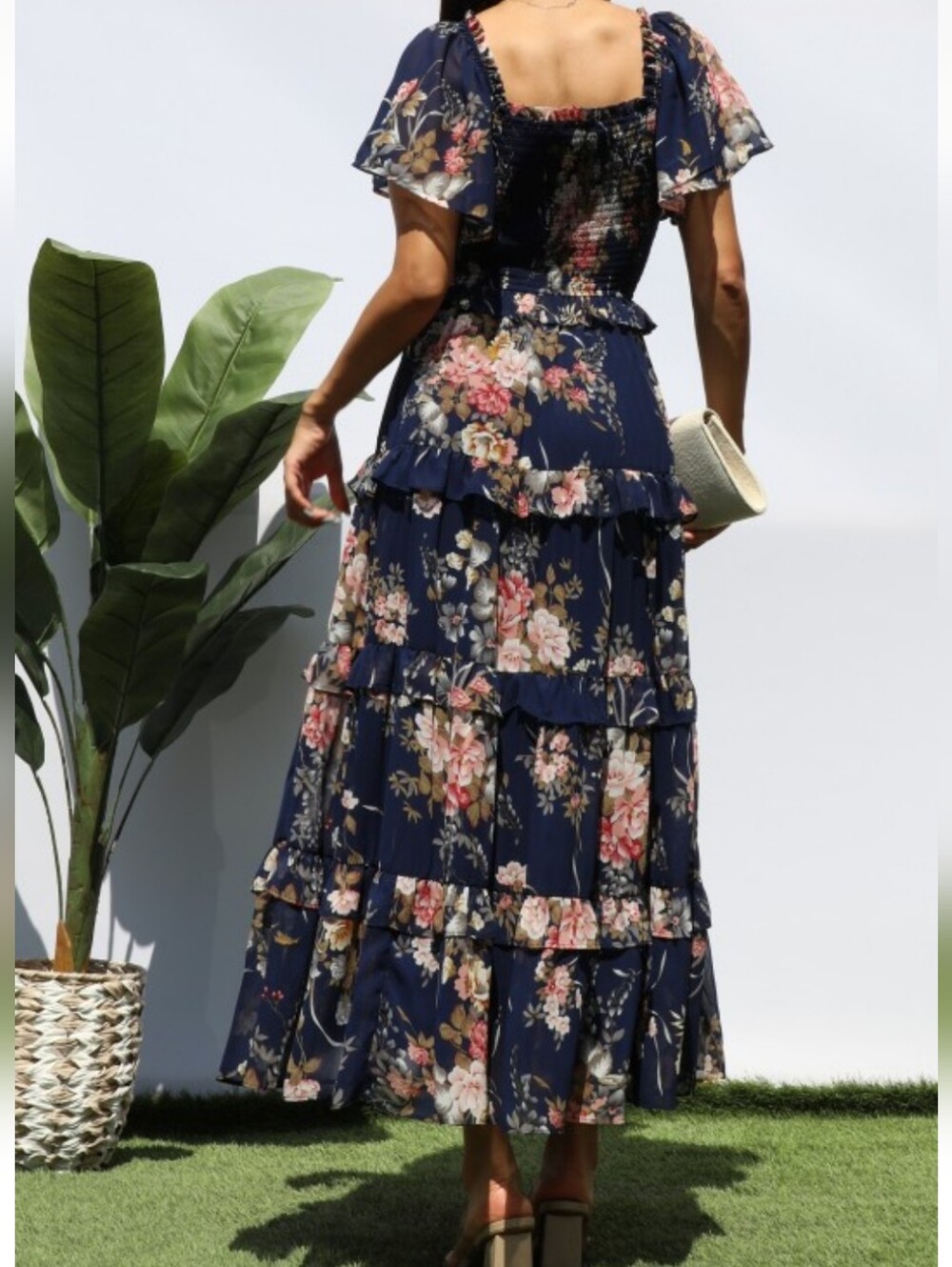 Navy Floral Tiered Maxi Dress with Smocked Bodice NWT - Picture 2 of 3
